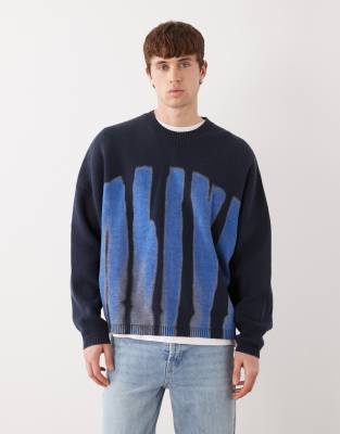 Oversize-Strickpullover in Navy mit Grafik-Marineblau Marineblau S