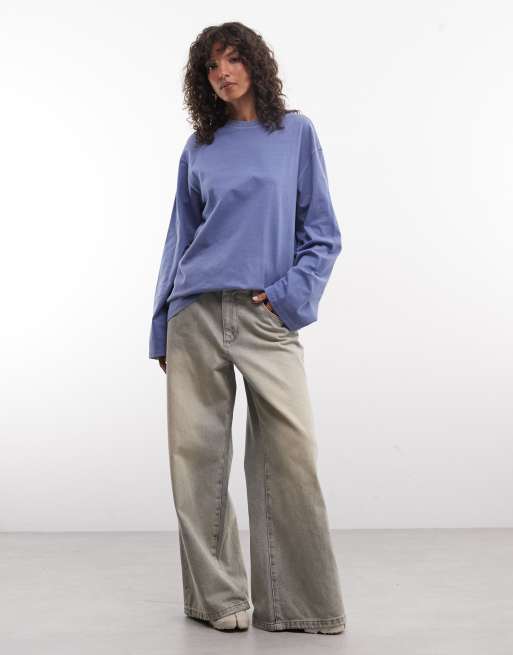 Weekday oversize t-shirt z długim rękawem w niebieskim odcieniu denim, 2 z 4