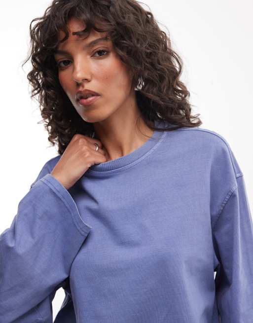 Weekday oversize t-shirt z długim rękawem w niebieskim odcieniu denim, 3 z 4