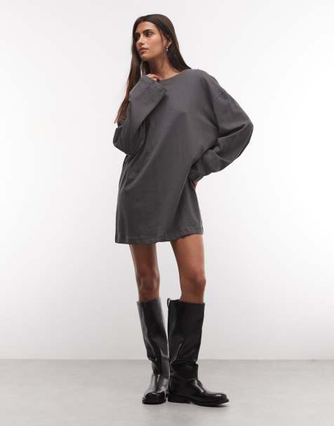 Weekday Oversize-T-Shirtkleid mit langen Ärmeln in Anthrazit, exklusiv bei ASOS - view 1