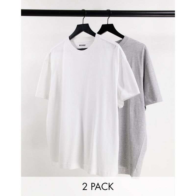 Weekday – Oversize-T-Shirts in Weiß und meliertem Grau im 2er-Pack