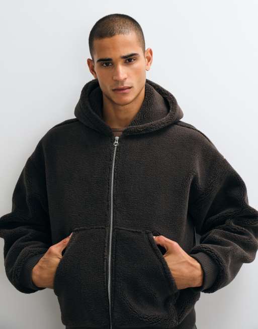 Weekday oversize teddyfleece-huvtröja med dragkedja och ståkrage i brun, 2 av 5