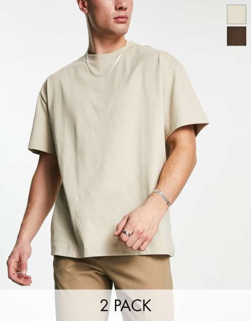 Weekday oversized 2-pack t-shirt in beige and brown