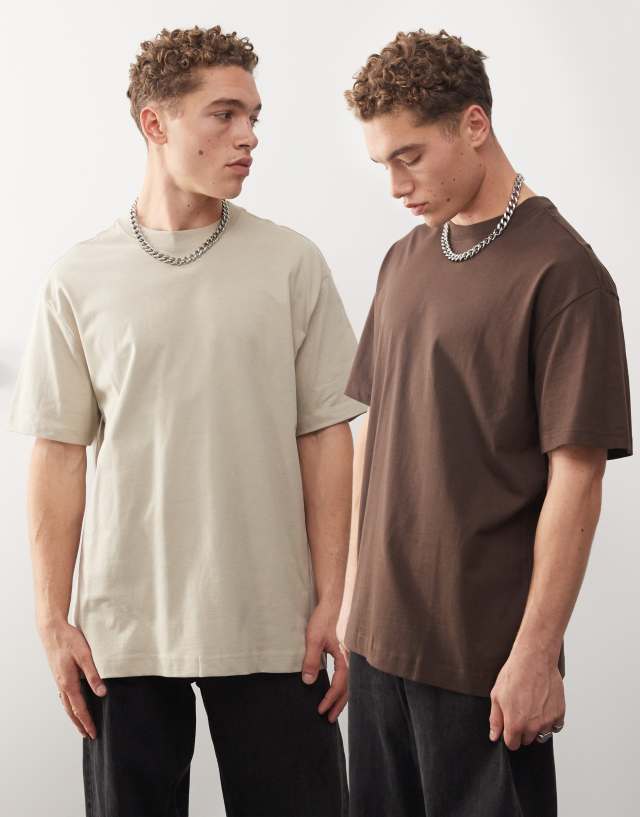 Weekday - oversized 2-pack t-shirt in beige and brown