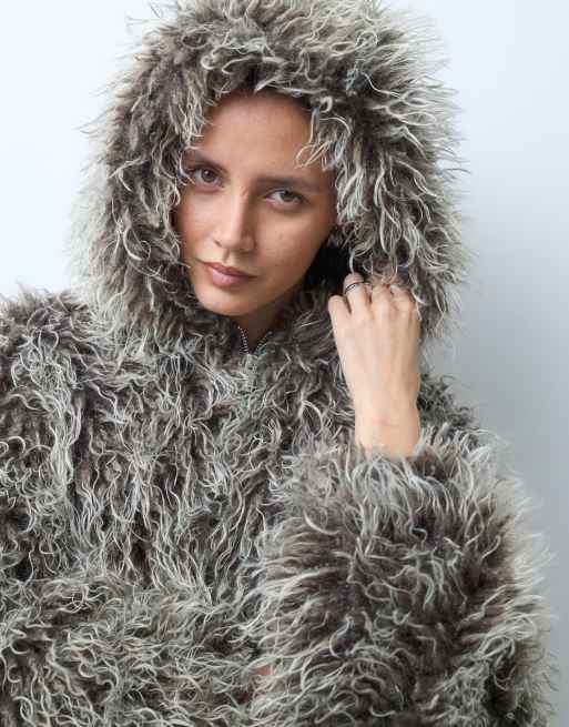 Weekday oversized balloon fit faux fur jacket with hood in gray, 2 of 5