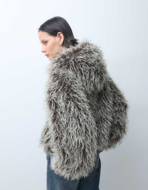 Weekday oversized balloon fit faux fur jacket with hood in gray, 5 of 5