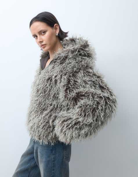 Weekday oversized balloon fit faux fur jacket with hood in grey - view 1