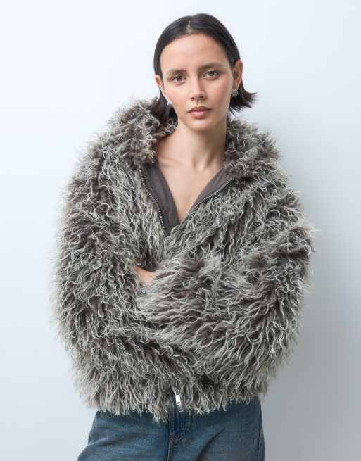 Weekday oversized balloon fit faux fur jacket with hood in grey, 4 of 5