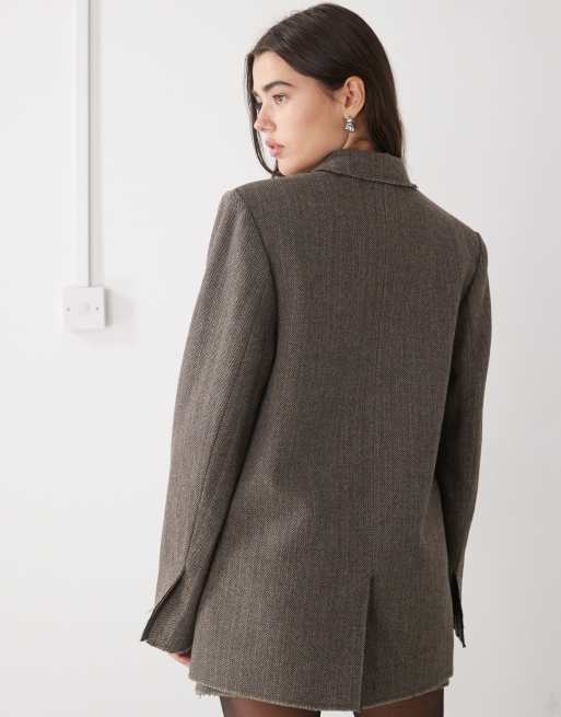 Weekday - Oversized blazer i mørk gråbrun uldblanding med rå kanter og sildebensmønster - Del af sæt, 4 af 4