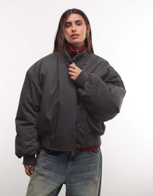 Weekday oversized bomberjack met knopen in gewassen donkergrijs, 2 van 4
