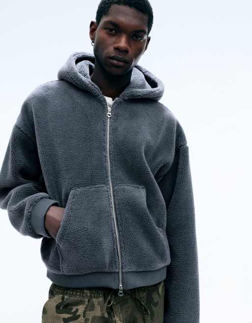 Weekday oversized borg fleece funnel neck zip hoodie in dark grey, 2 of 5