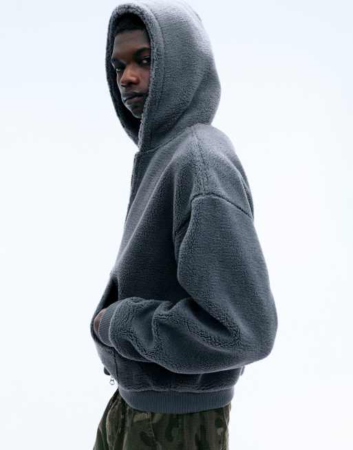 Weekday oversized borg fleece funnel neck zip hoodie in dark grey, 5 of 5