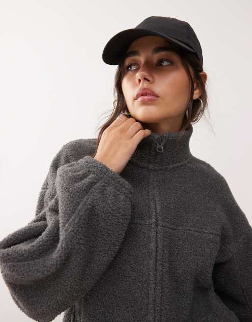 Weekday oversized borg zip fleece in dark gray, 4 of 4
