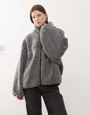 Weekday Oversized Borg Zip Fleece With Hood In Gray