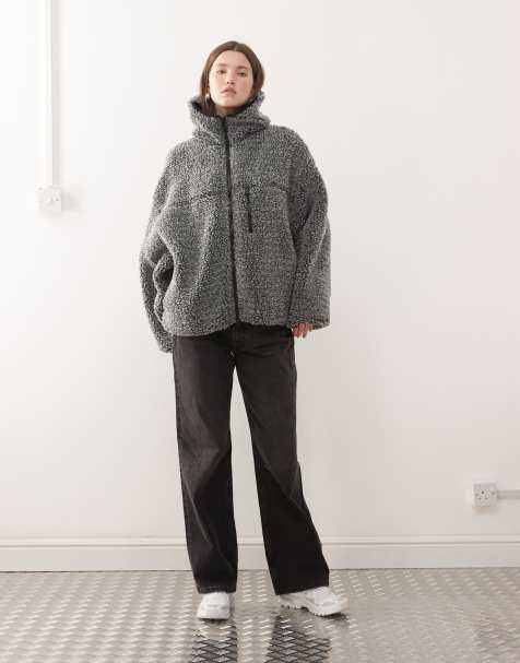Weekday oversized borg zip fleece with hood in dark grey - view 1
