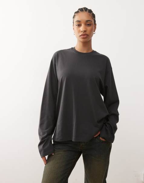 Weekday oversized boxy fit long sleeve t-shirt in off-black
