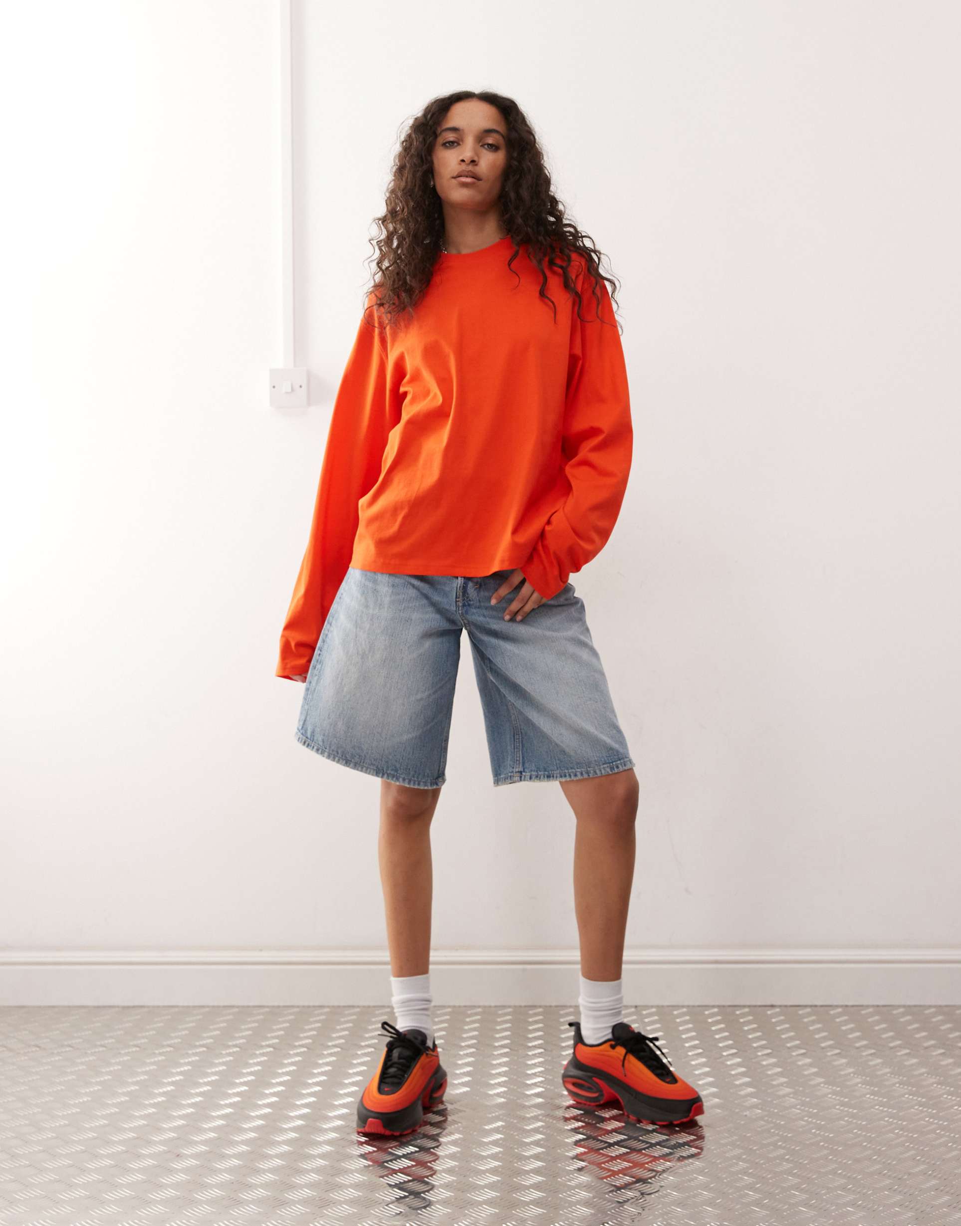 weekday oversized boxy fit long sleeve t-shirt in orange