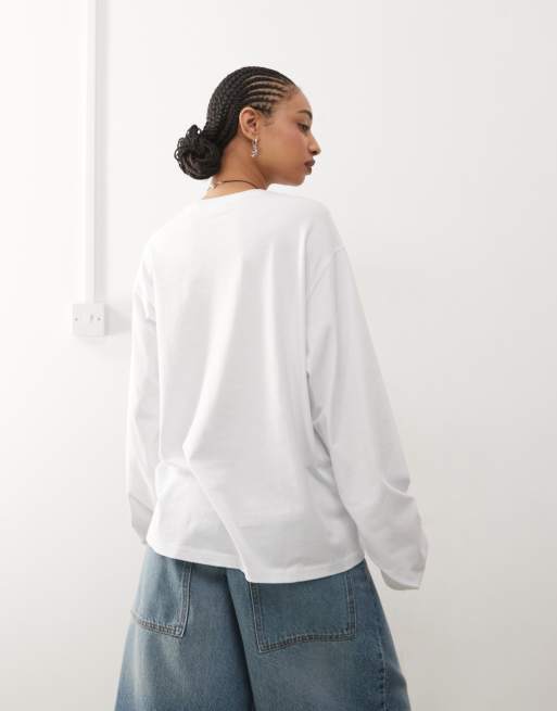 Weekday oversized boxy fit long sleeve t-shirt in white, 4 of 4