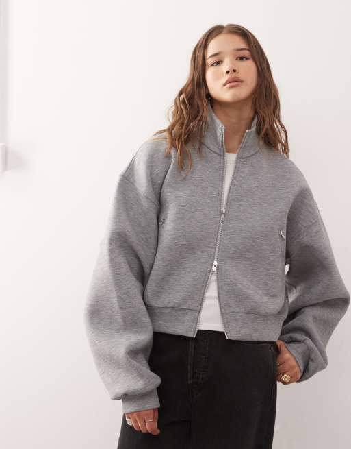 Weekday oversized boxy fit scuba zip through track jacket in grey melange