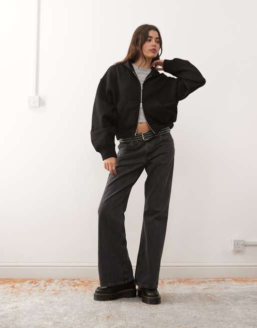 Weekday oversized boxy fit zip through hoodie in black, 2 of 4