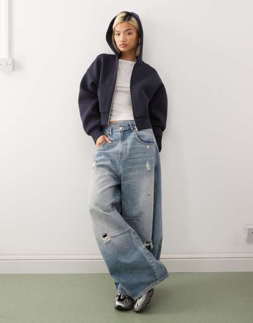 Weekday oversized boxy fit zip through hoodie in navy in scuba-style fabric, 3 of 4