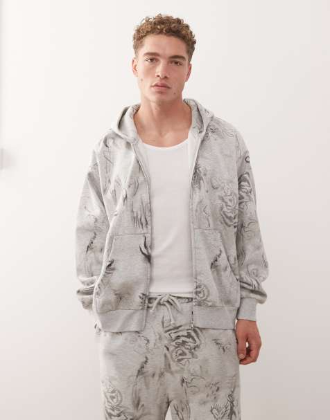Weekday oversized boxy fit zip through hoodie with scribble graphic print in grey melange (part of a set) - view 1