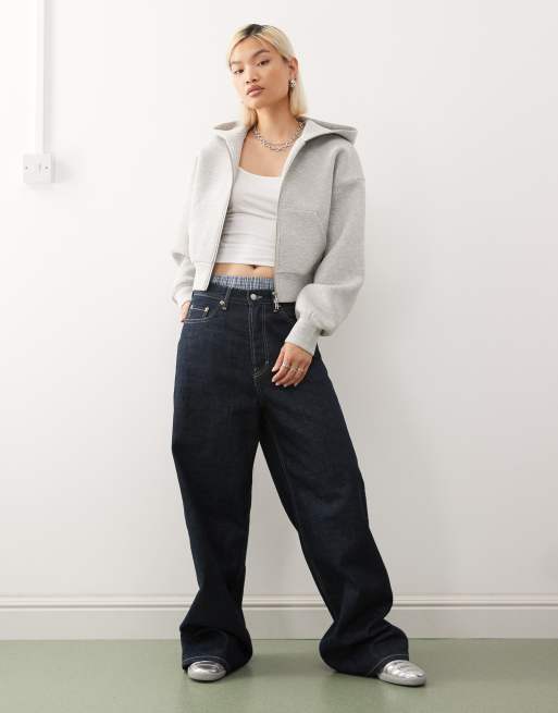 Weekday oversized boxy fit zip up hoodie in gray melange in scuba-style fabric