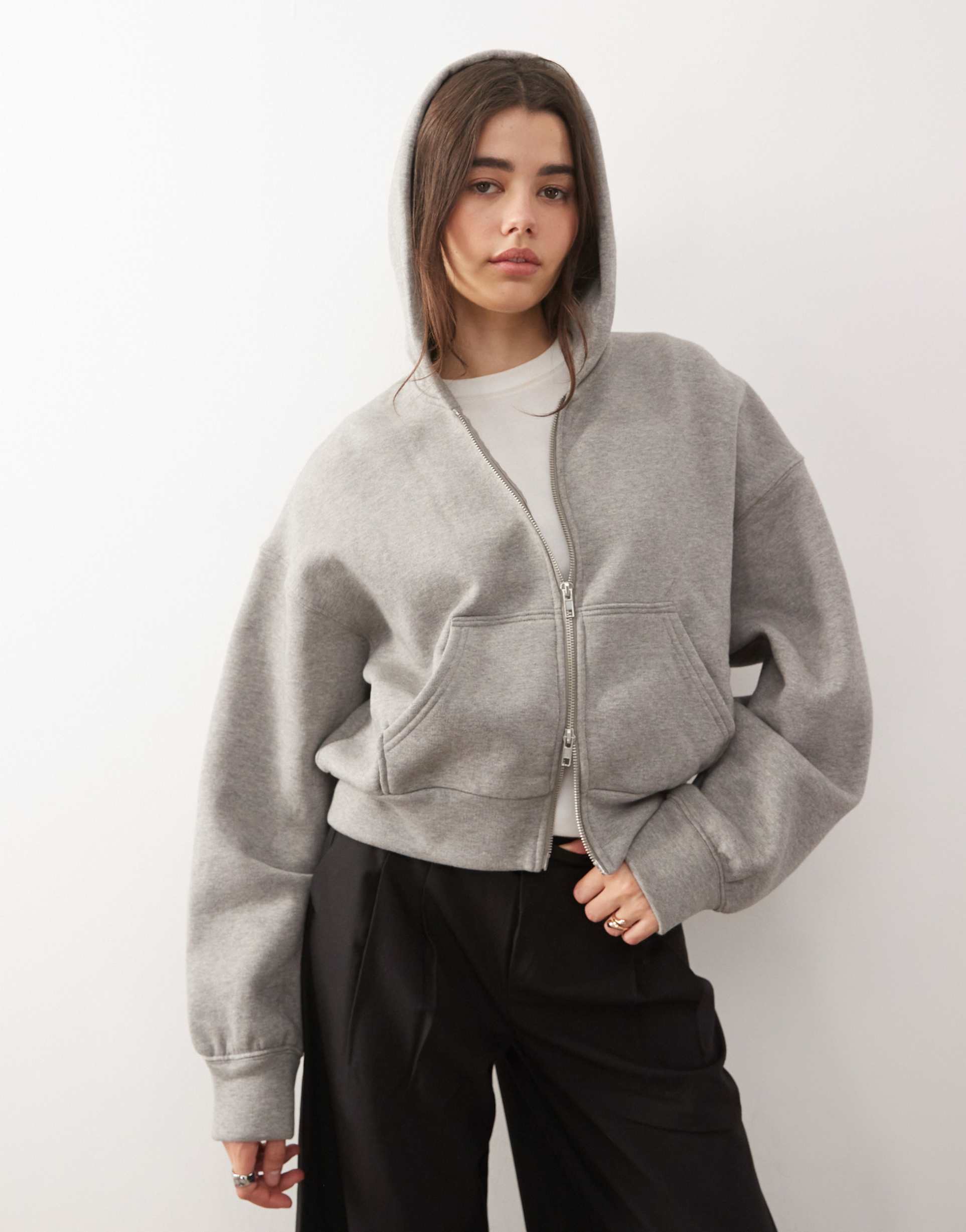 weekday oversized boxy fit zip up hoodie in heather gray