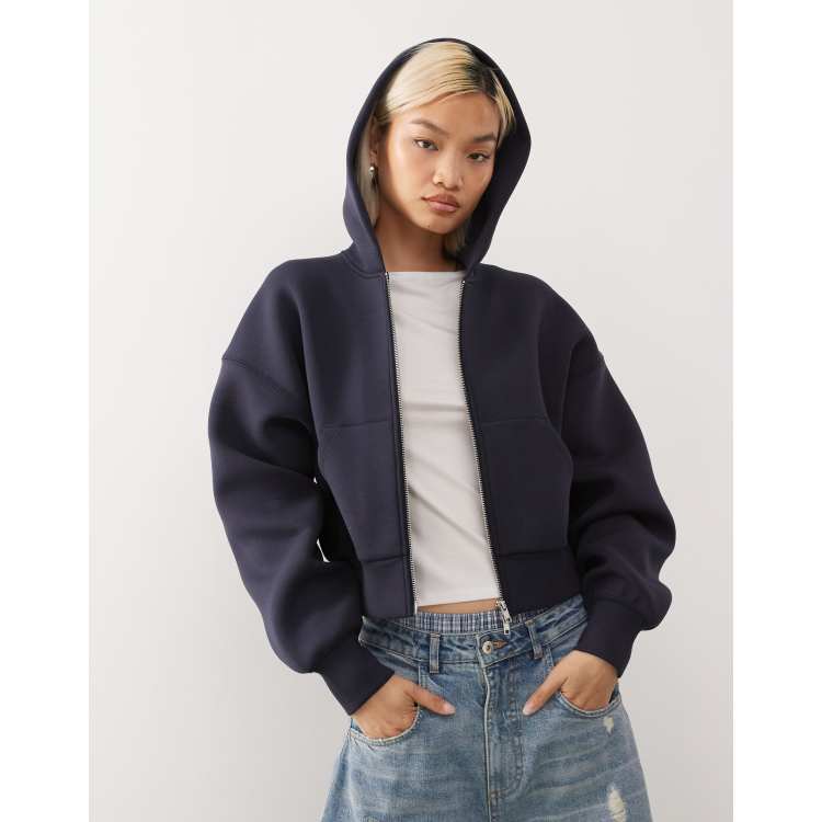 Weekday oversized boxy fit zip up hoodie in navy in scuba-style