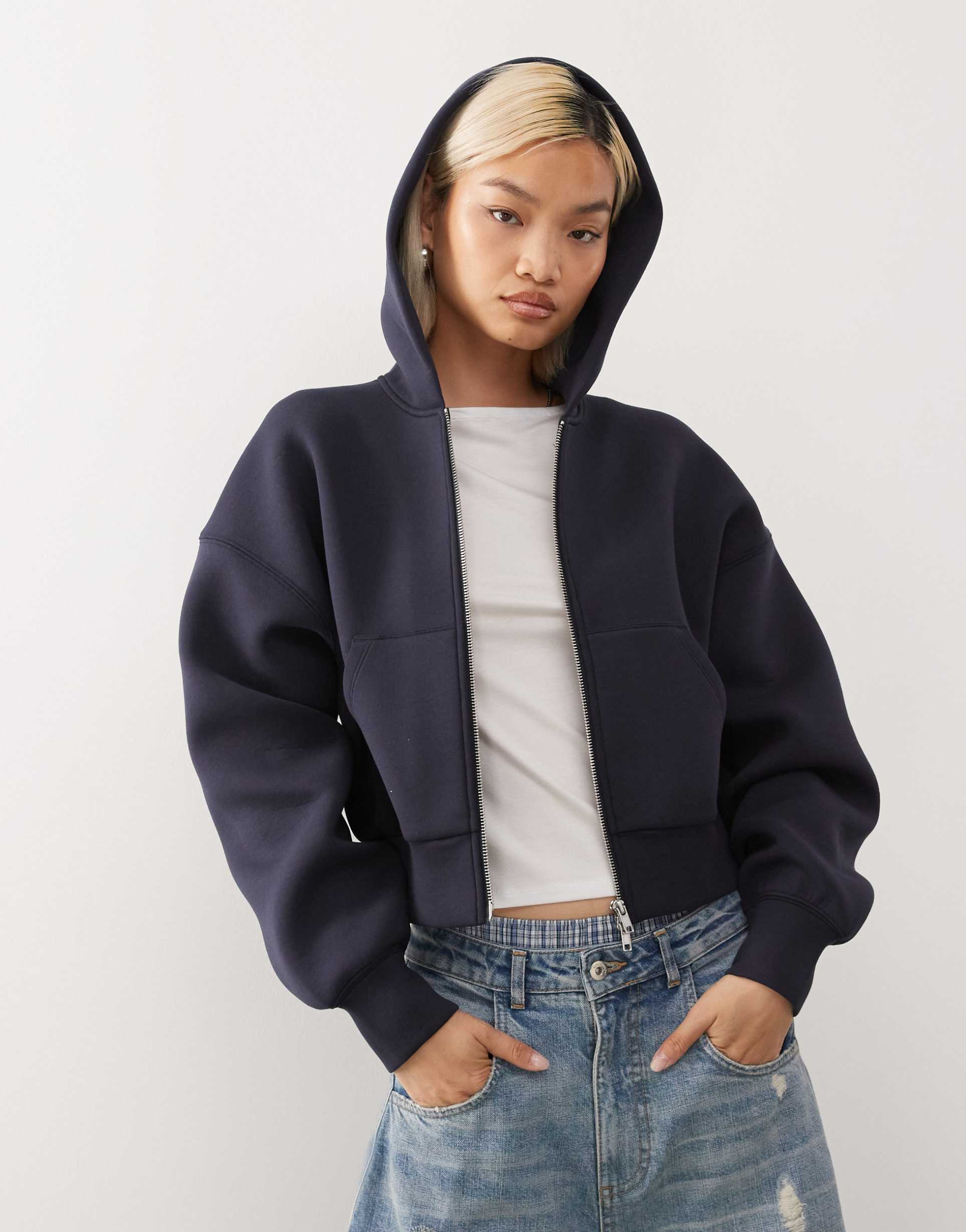 weekday oversized boxy fit zip up hoodie in navy in scuba-style fabric