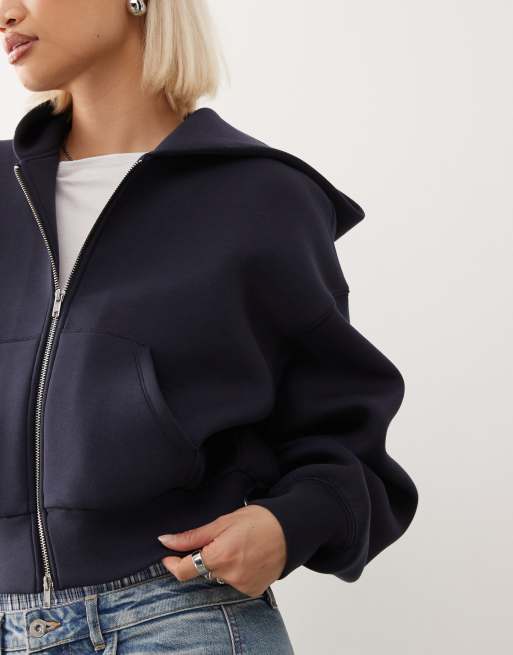 Weekday oversized boxy fit scuba zip through hoodie in navy
