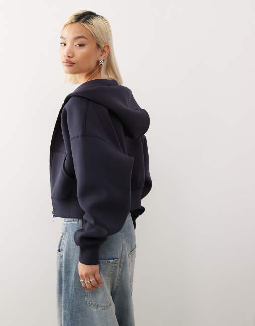 Weekday oversized boxy fit scuba zip through hoodie in navy