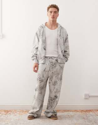Weekday Oversized Boxy Fit Zip Up Hoodie With Scribble Graphic Print In Gray