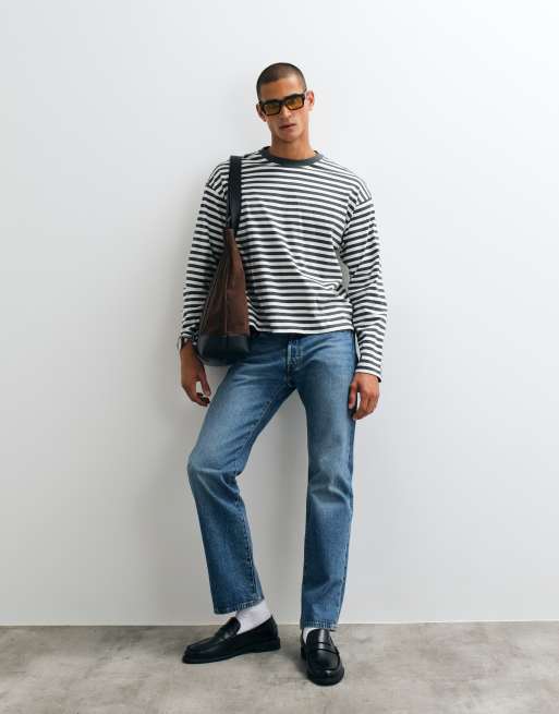 Weekday oversized boxy long sleeve t-shirt in dark green & off-white stripe, 2 of 5