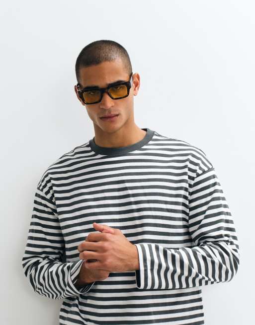 Weekday oversized boxy long sleeve t-shirt in dark green & off-white stripe, 3 of 5