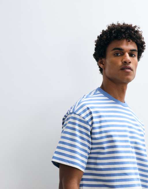 Weekday oversized boxy t-shirt in blue and off-white stripe exclusive to ASOS, 3 of 5
