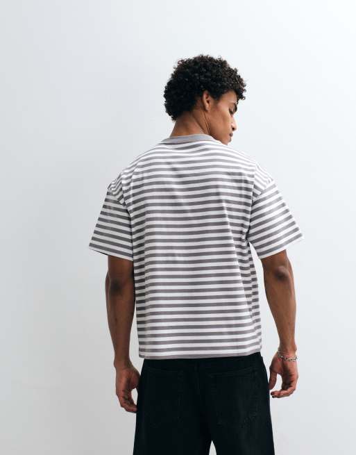 Weekday oversized boxy T-shirt in gray and off-white stripes exclusive to ASOS, 5 of 5