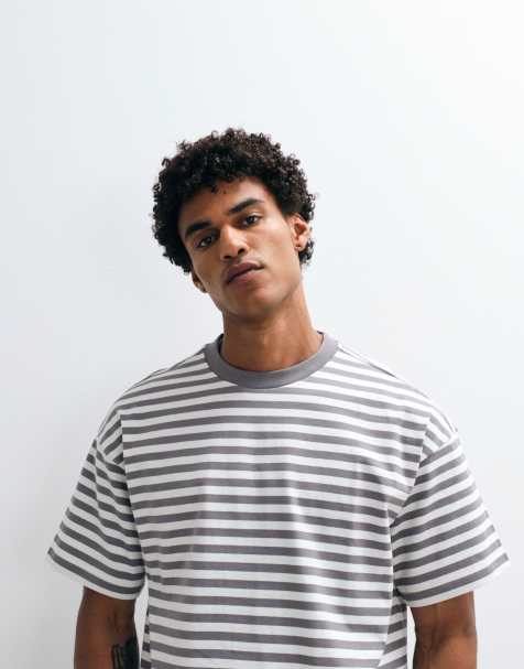 Weekday oversized boxy t-shirt in grey and off-white stripe exclusive to ASOS - view 1