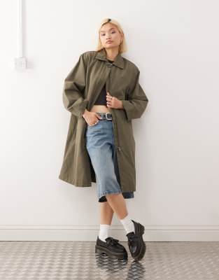 Weekday Weekday oversized canvas car coat in dark khaki-Green