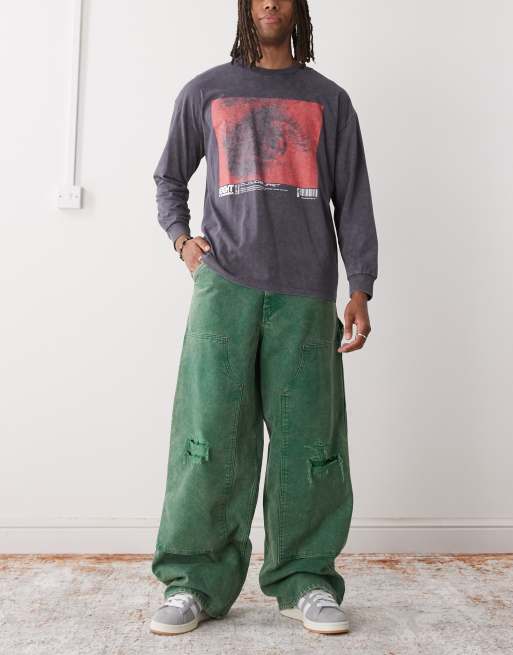 Weekday oversized canvas workwear pants in washed green