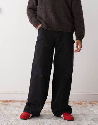 Weekday Weekday oversized canvas workwear trousers in washed black