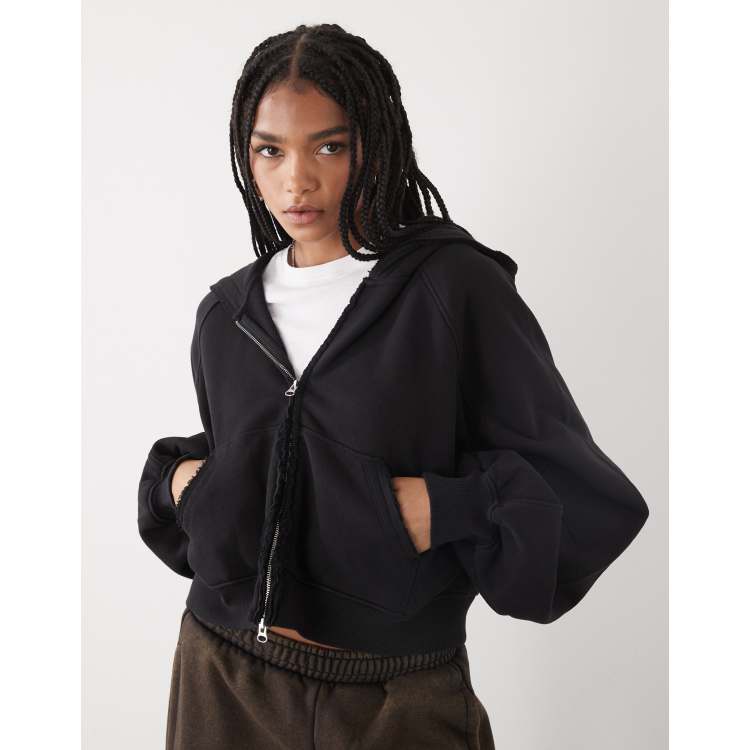 Weekday oversized cropped zip up hoodie with freyed hems in washed
