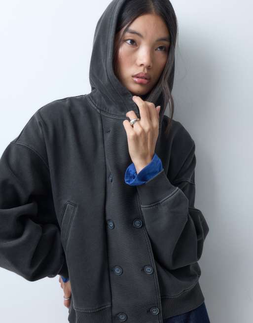 Weekday oversized dobbeltradet hættetrøje med knaplukning foran i sort, 1 af 10