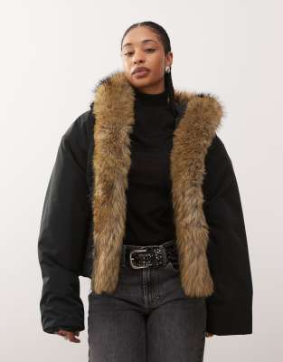 Weekday Oversized Faux Fur Jacket With Hood In Black