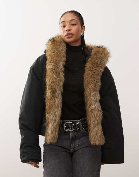 Weekday oversized faux-fur jacket with hood in black - view 1