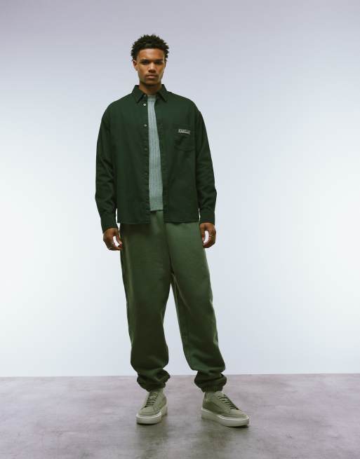 Weekday oversized fit long sleeve shirt with text embroidery in dark green