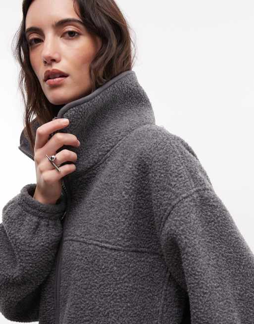 Weekday oversized funnel neck zip borg fleece in dark gray melange, 2 of 4