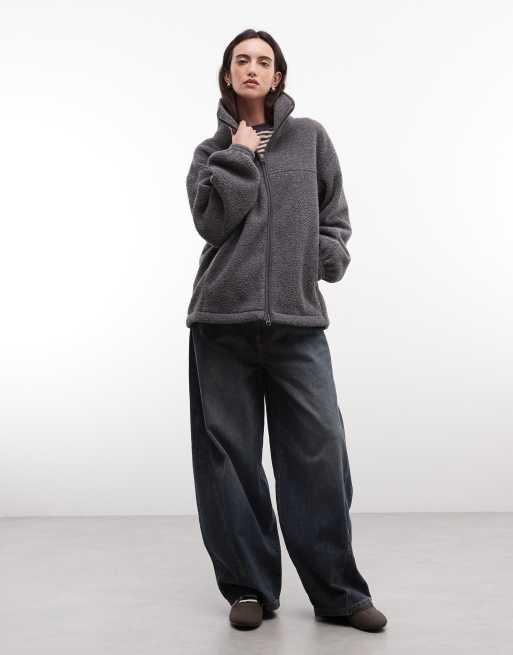 Weekday oversized funnel neck zip borg fleece in dark grey melange, 3 of 4