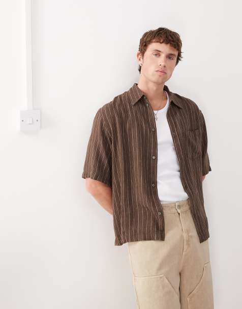 Weekday - Oversized gestreept overhemd met linnen in bruin - view 1