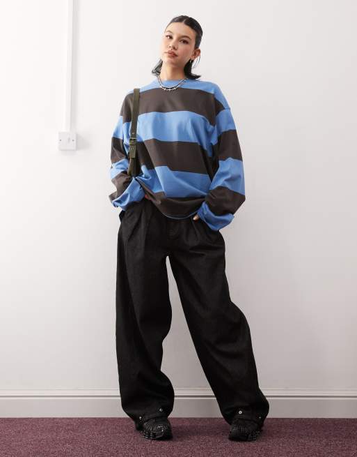 Weekday - Oversized gestreept T-shirt met lange mouwen in blauw en grijs, 3 van 4